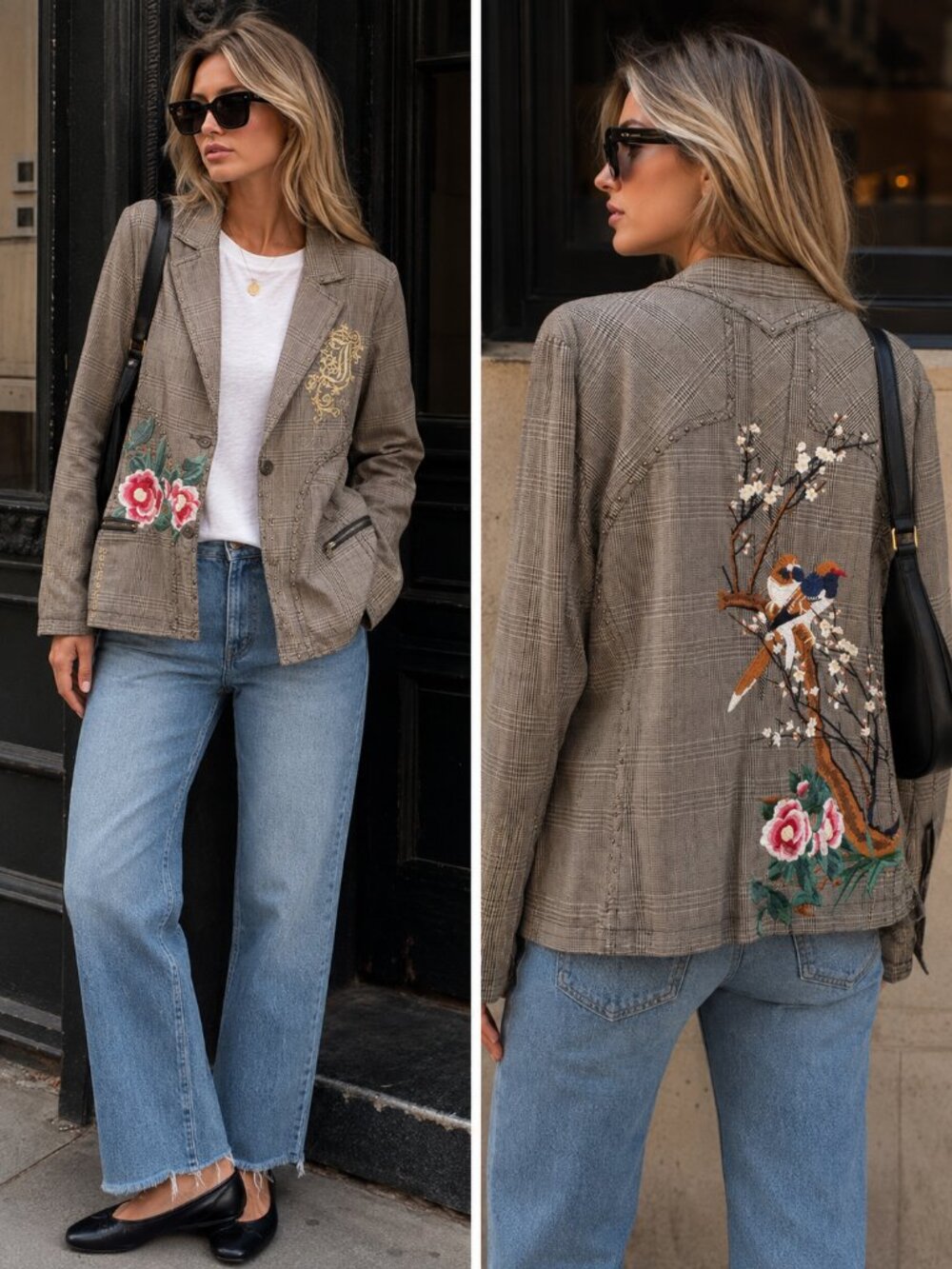 JOHNNY WAS 3J WORKSHOP Plaid Embroidered Blazer Floral Bird Artsy Elevated Boho